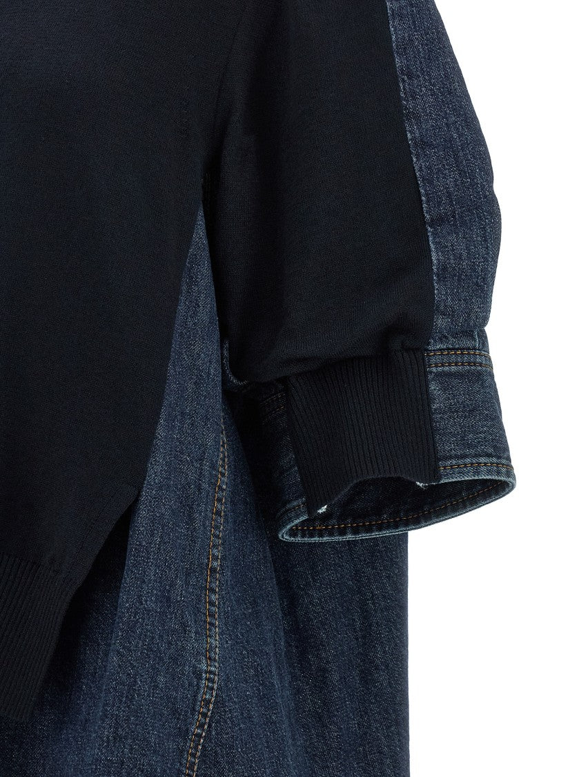 Sacai Shirt-Style Denim And Cotton Blend Top With Puff Sleeves