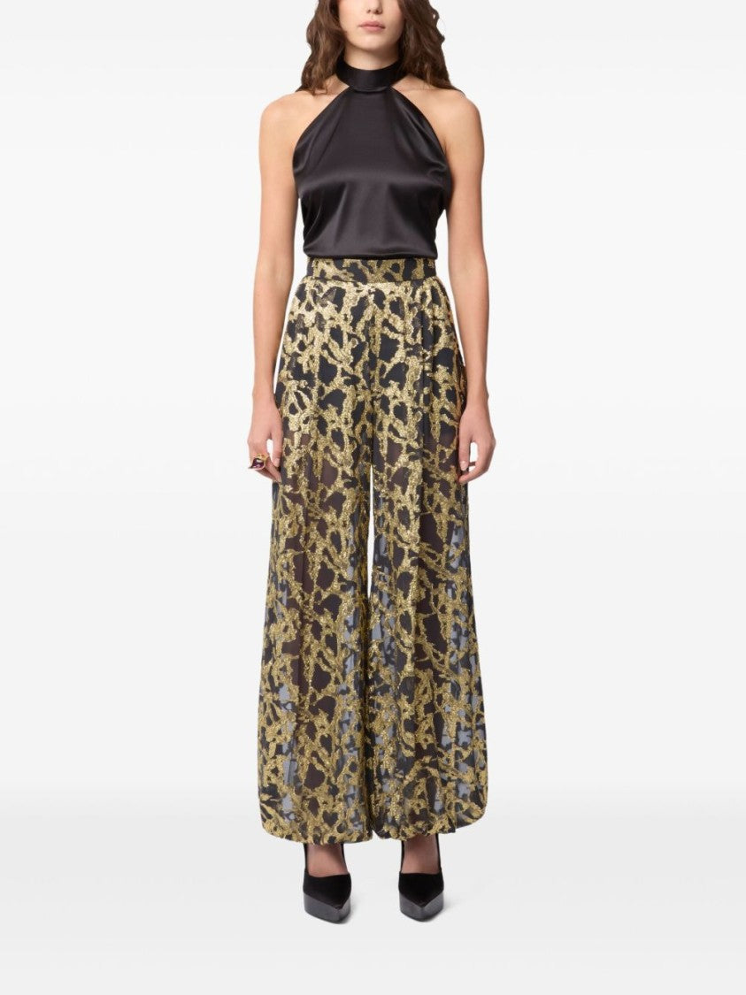Nina Ricci Gold Marble-Effect Silk Wide-Leg Trousers