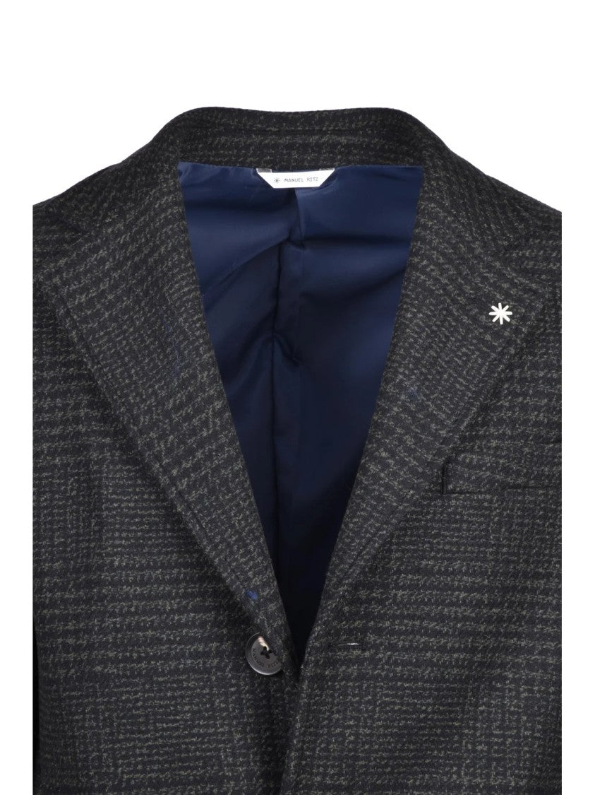 Manuel Ritz Black/Green Checkered Wool-Blend Buttoned Coat