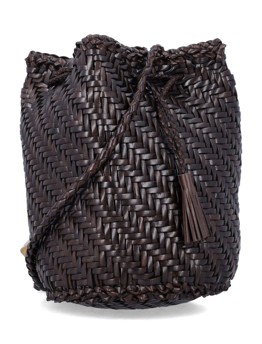 Dragon Diffusion Pompom Dark Brown Woven Bucket Bag