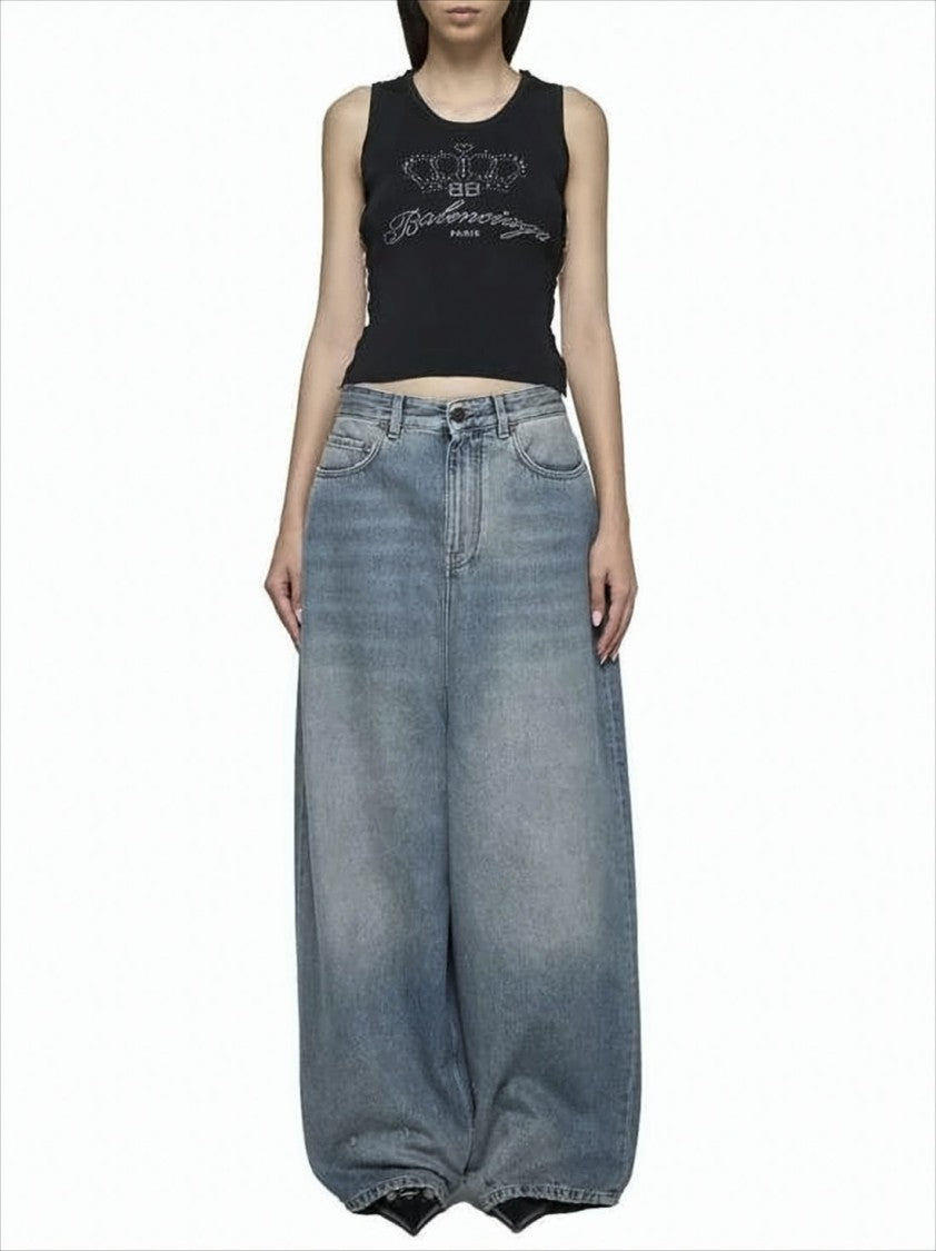 Balenciaga High-Waisted Wide-Leg Denim Pants With Distressed Detailing