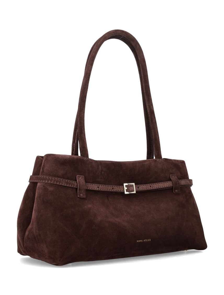 Manu Atelier Elongated Suede Handbag With Magnetic Closure And Double Top Handles