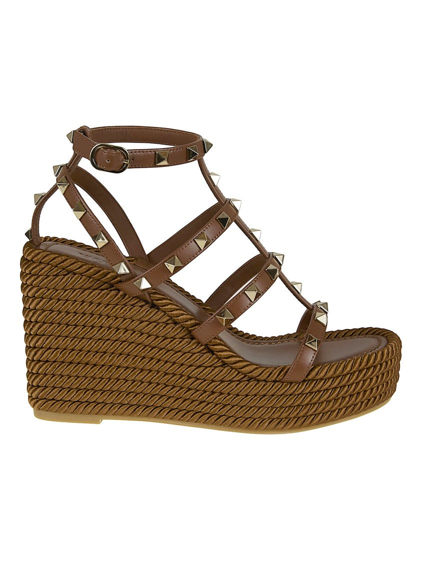Valentino Garavani Rockstud Calfskin Raffia Torchons Wedge Sandals