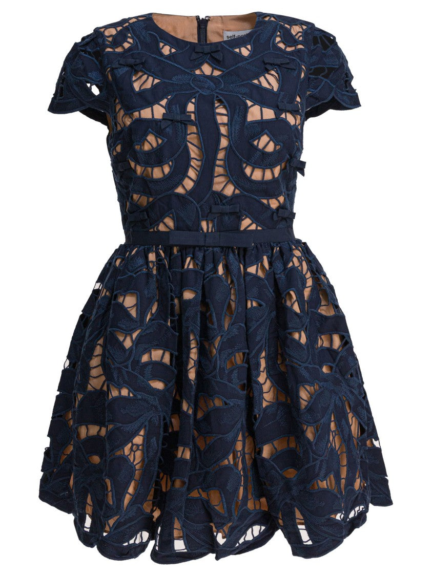 Self-Portrait Navy Bow Embroidered Mini Dress