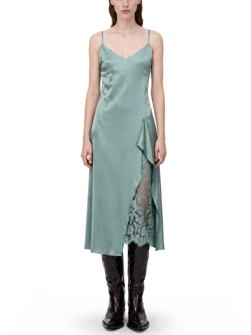 Acne Studios Satin Midi Dress With Ruffled Overlay And Lace Detail