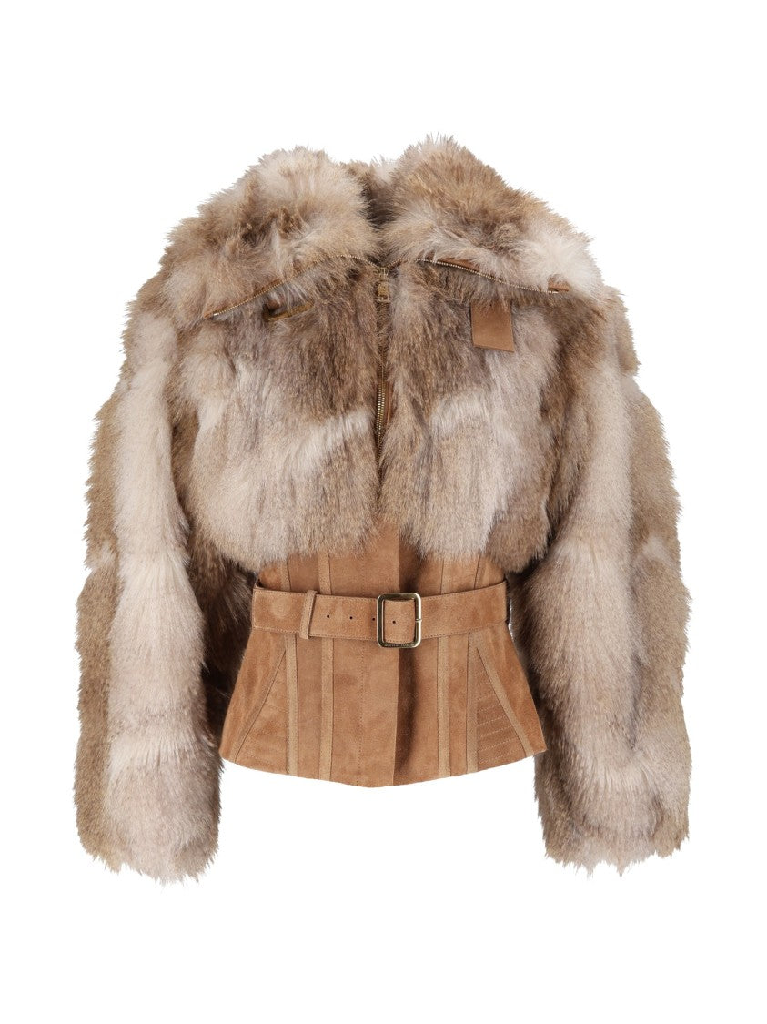 Elisabetta Franchi Cropped Textured Fur-Like Suede Belt Jacket