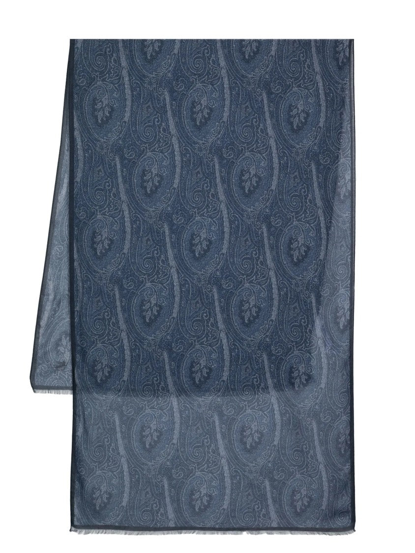 Etro Deep Blue Paisley Fringed Scarf