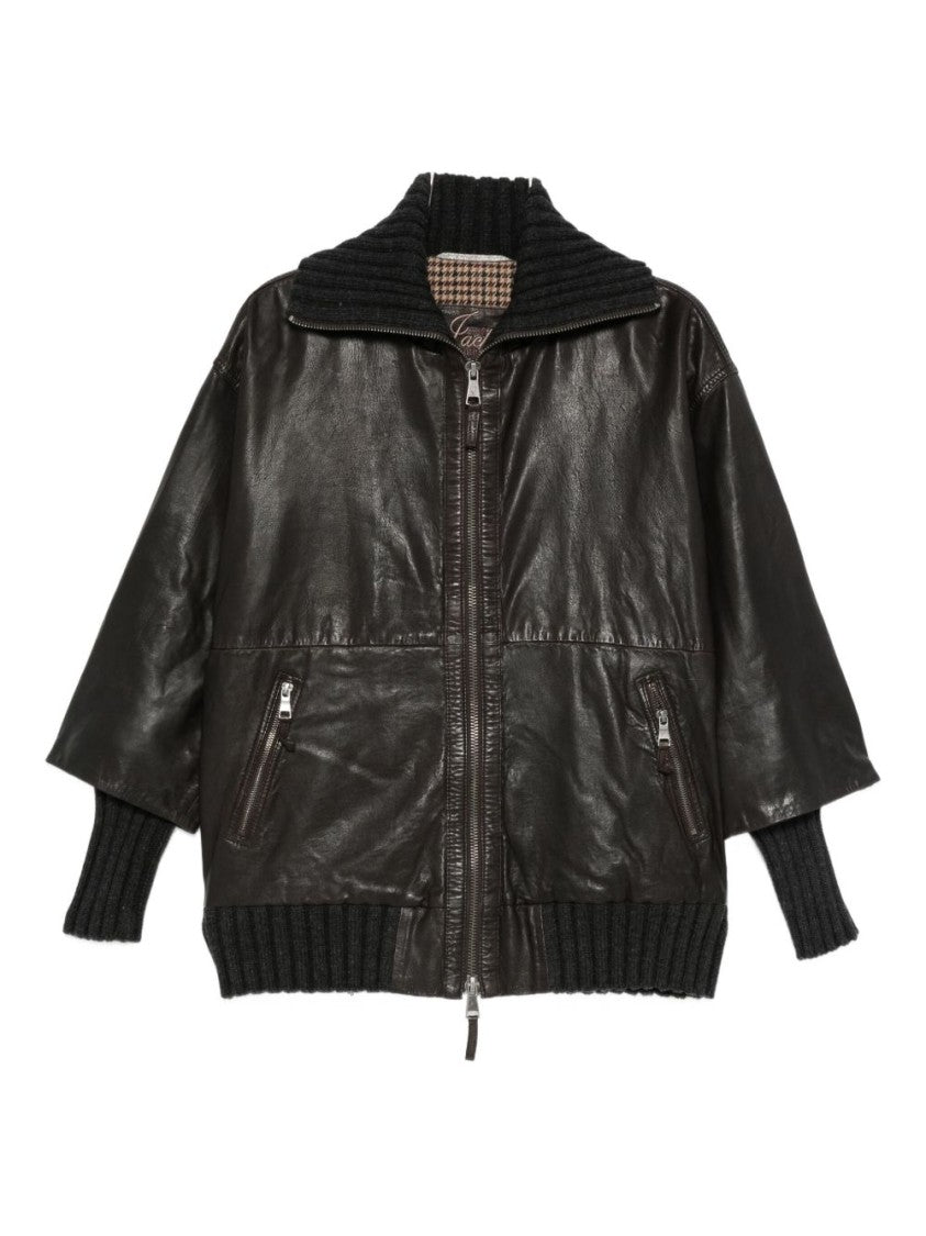 The Jack And Jackie Leathers Boxy Brown Leather Jacket With Knit Accents