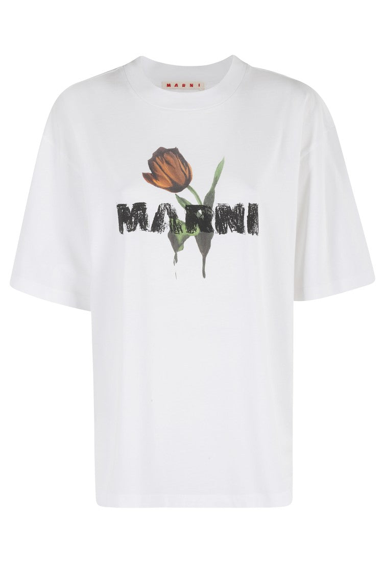 Marni White Oversized T-Shirt With Floral Logo Design