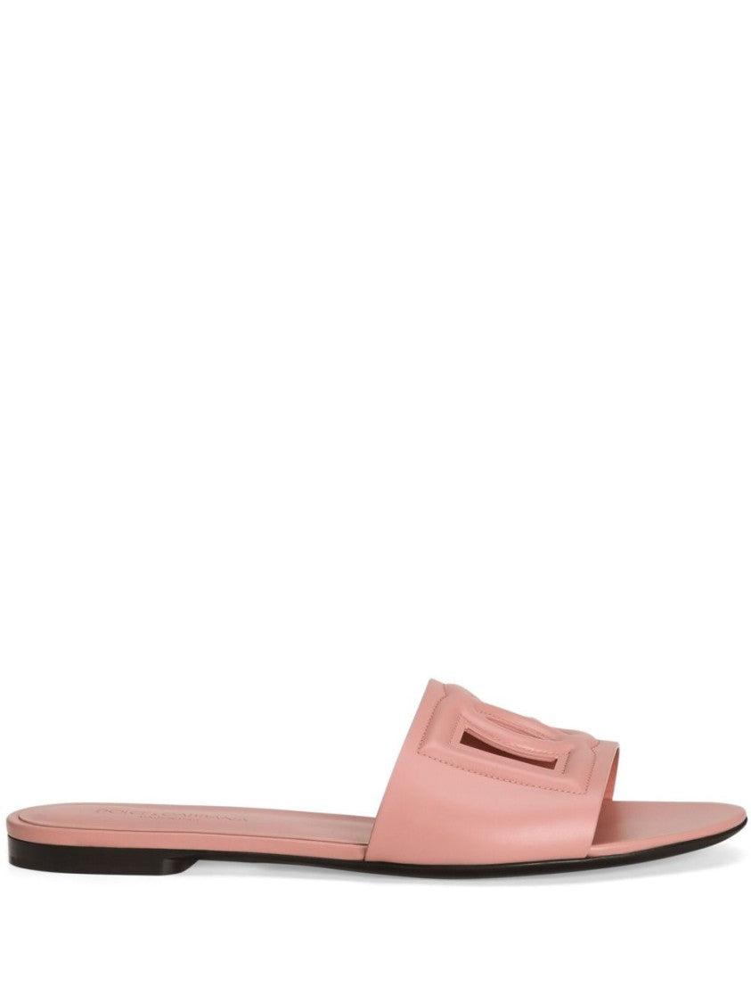 Dolce & Gabbana Pastel Pink Leather Slipper With Embossed Logo
