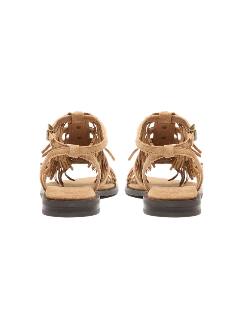 Ash Fringed Beige Suede Sandals With Adjustable Ankle Strap