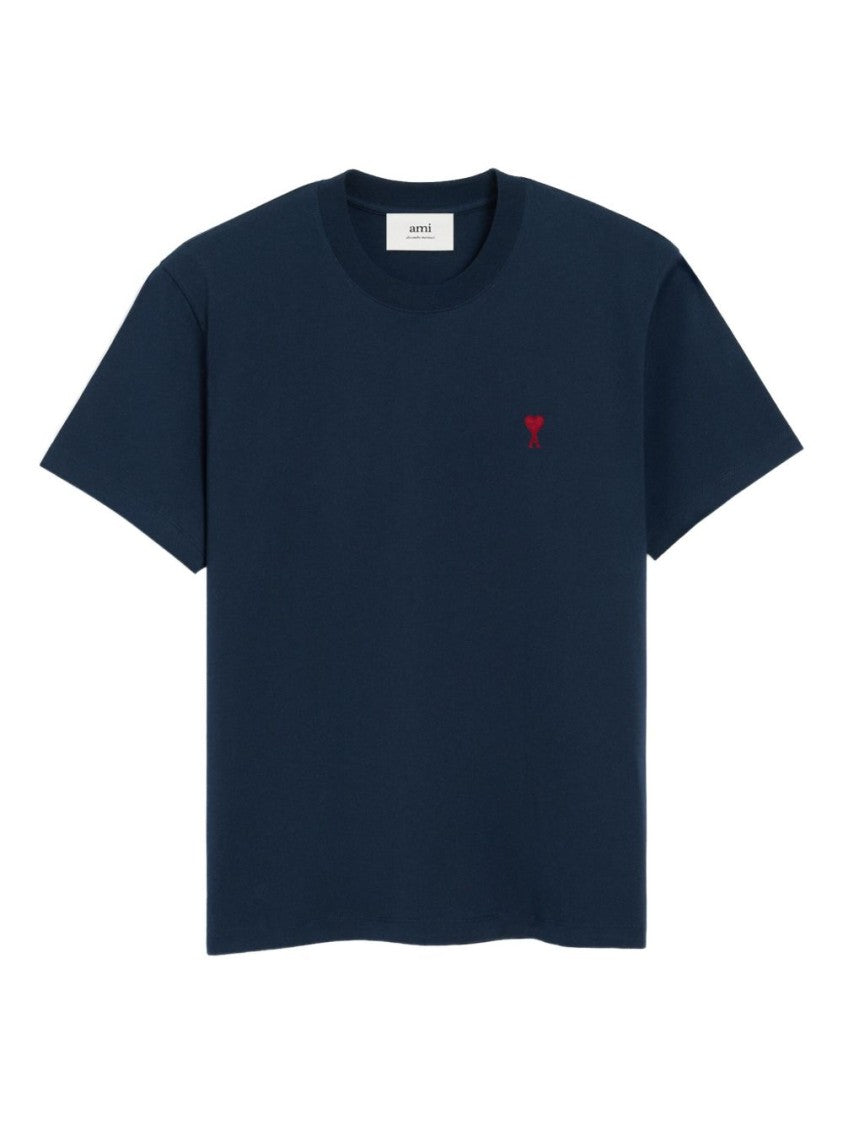Ami Paris Navy Blue Organic Cotton T-Shirt With Embroidered Logos
