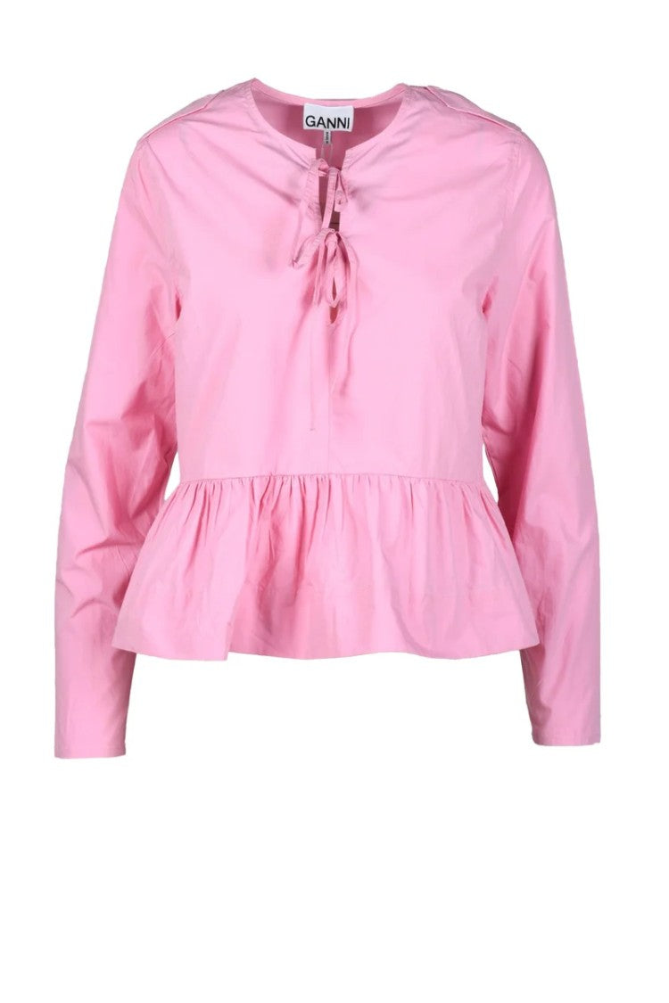Ganni Pink Round-Neck Cotton Blouse