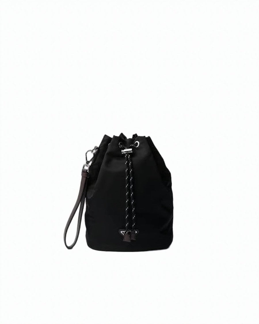 Prada Sleek Black Polyamide Drawstring Pouch With Metal Accents