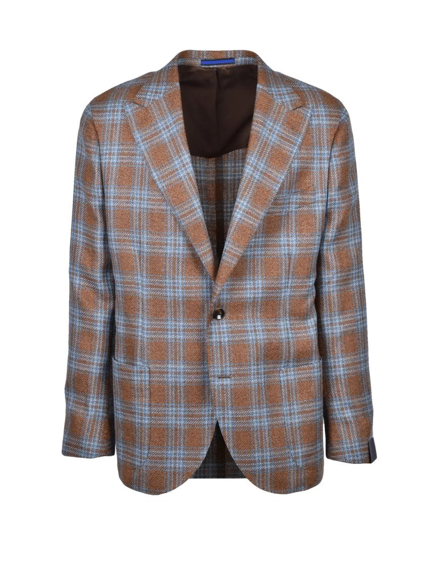 Magentahomme Brown Light Blue Plaid Wool-Blend Blazer