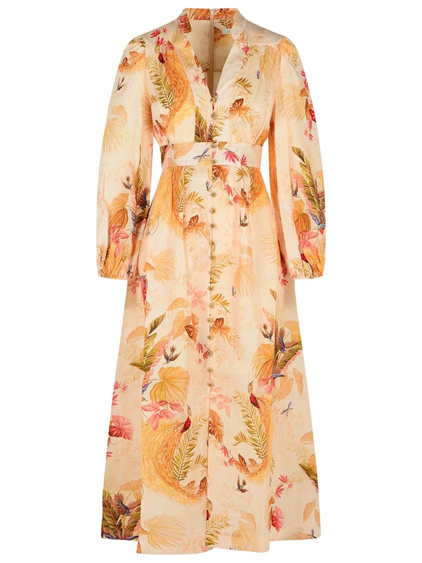 Zimmermann Plunge' Low-Cut Linen Dress In 'Cream Palm Floral'