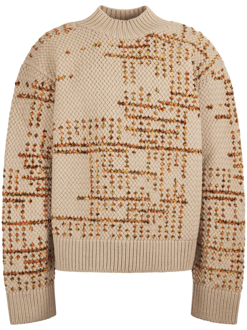 Dries Van Noten Beige Knit Sweater With Ribbed Cuffs