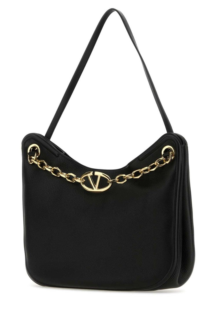 Valentino Garavani Black Leather Vlogo Moon Shopping Bag