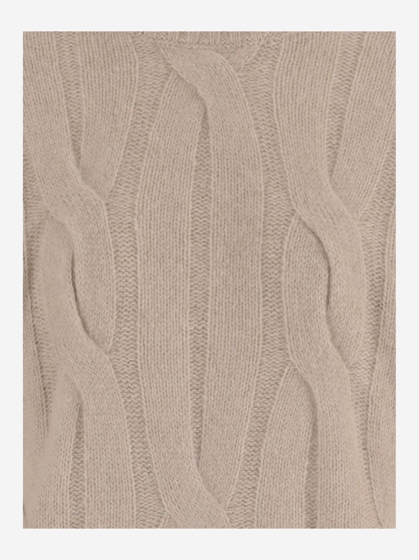 Allude Beige Cable Knit Cashmere Silk Crew Neck Sweater