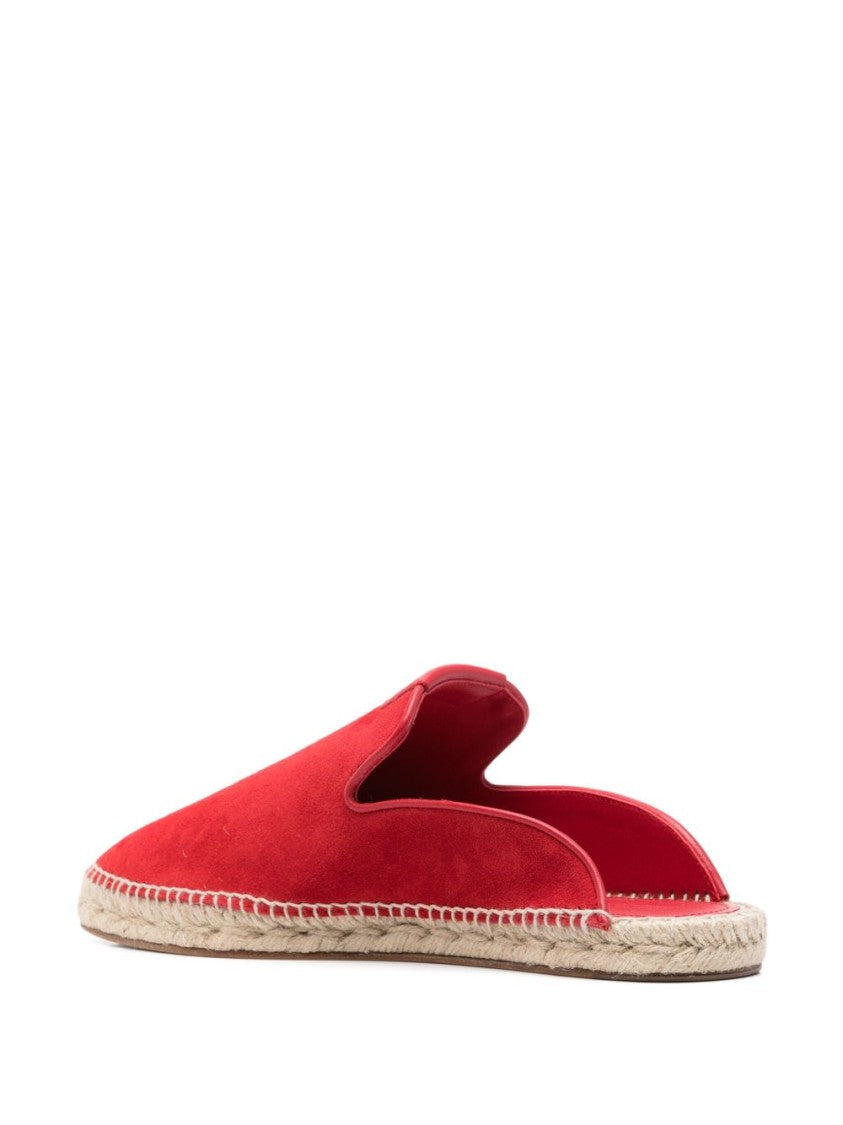 Lanvin Red Debossed Logo Raffia Flat Shoes