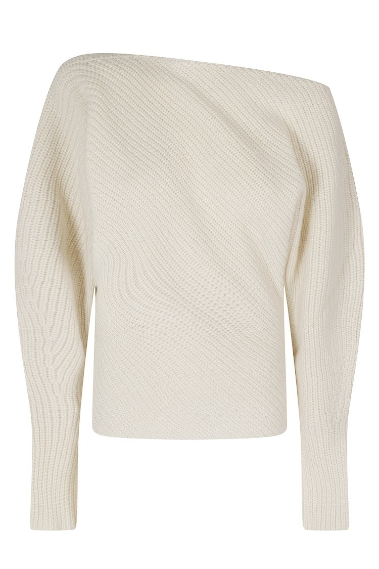 Alberta Ferretti White Oblique Crew Neck Dropped Shoulders Wool-Blend Sweater