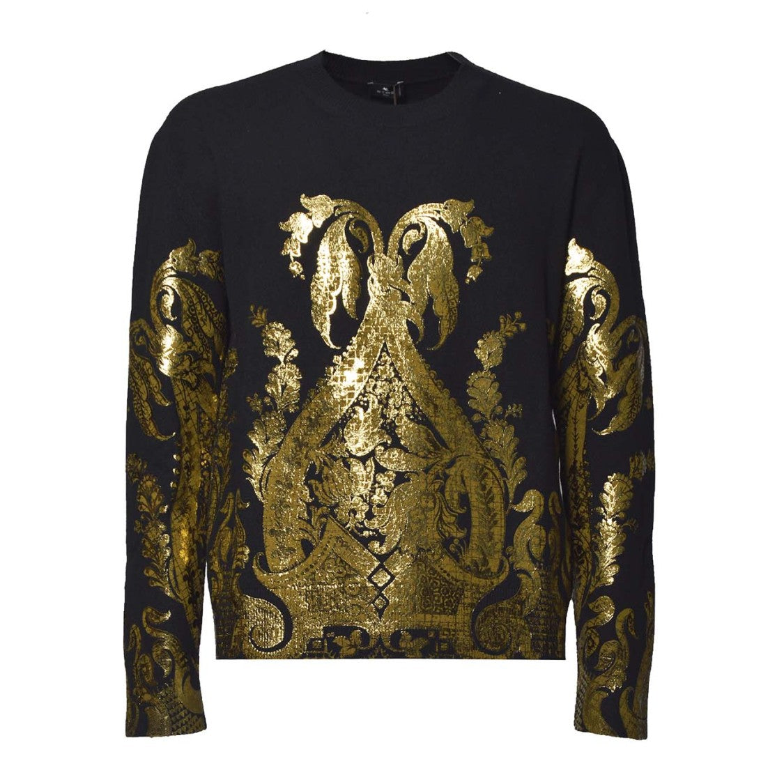 Etro Black Wool Crewneck Sweater With Laminated Print