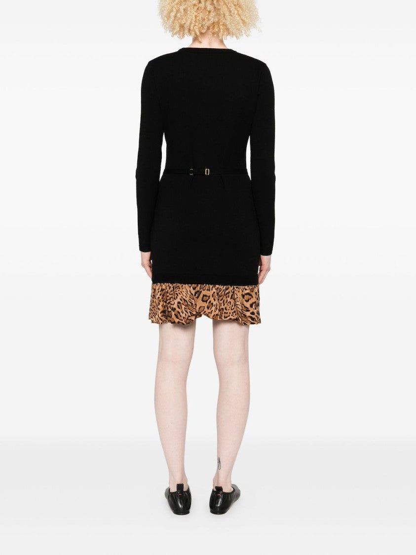 Twin-Set Black Ruffled Hem Dress With Animal Print Detail