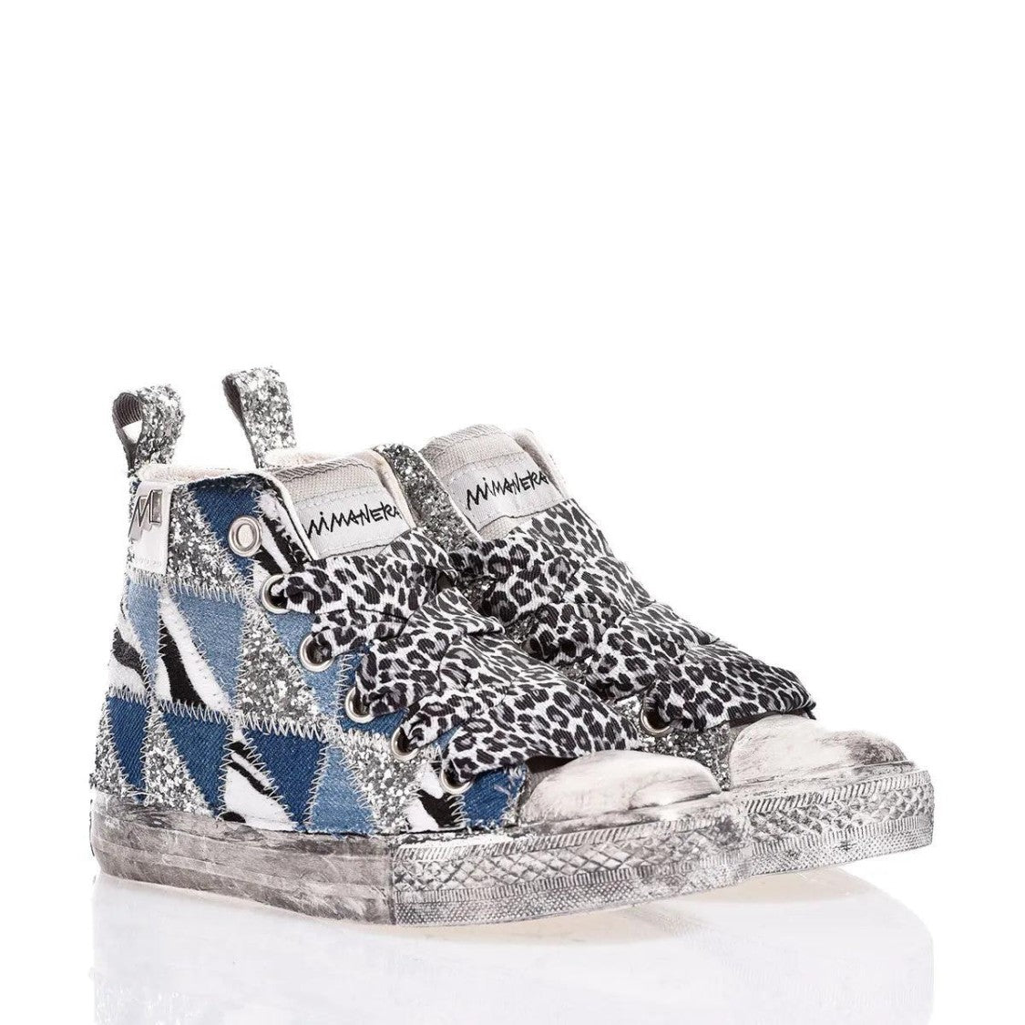 Mimanera Handmade Denim Patch High-Top Sneakers With Leopard Laces
