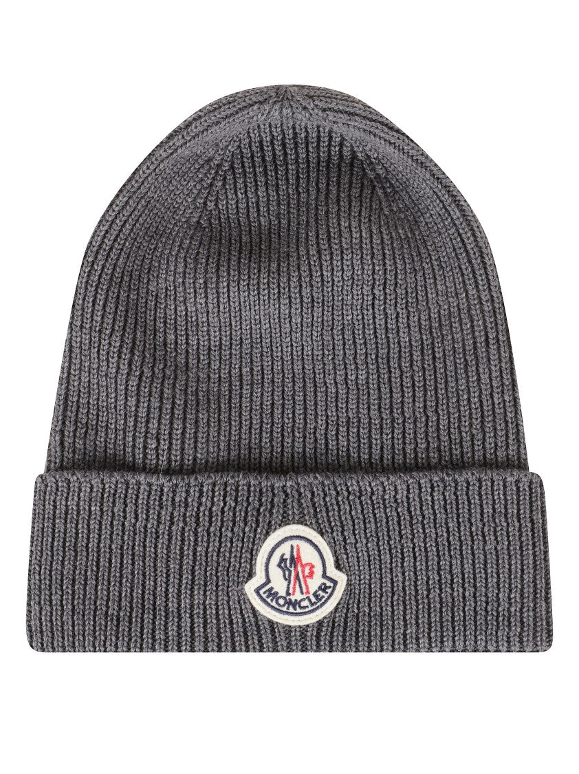 Moncler Ribbed Knit Beanie Hat With Emblematic Logo Patch