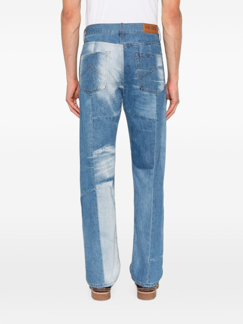 Kenzo Stone Blue Cotton Trousers With Whiskering Effect