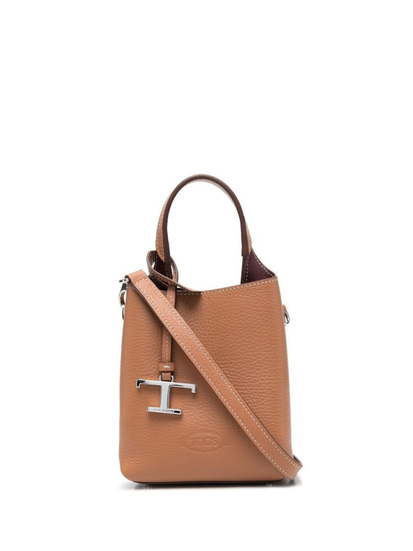 Tod's Structured Brown Calf Leather Handbag With T-Charm