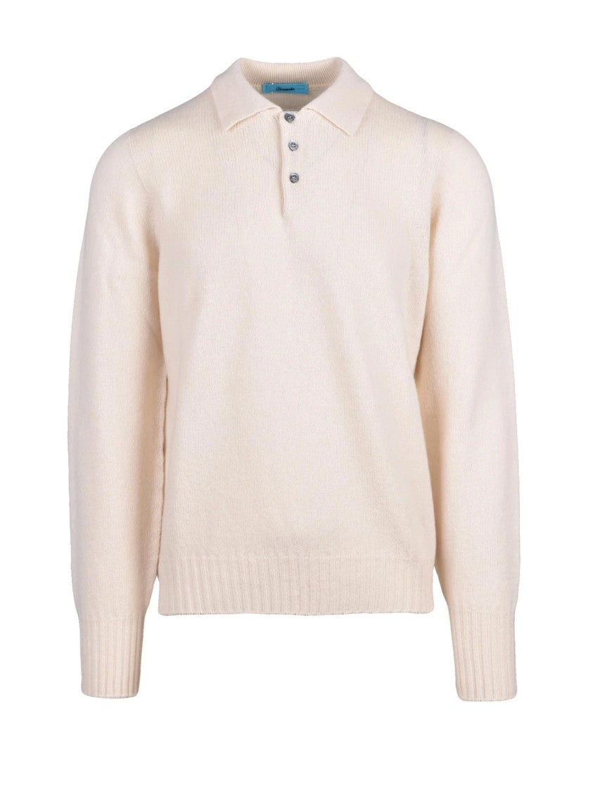 Drumohr Cream Lambswool Ribbed Polo Shirt