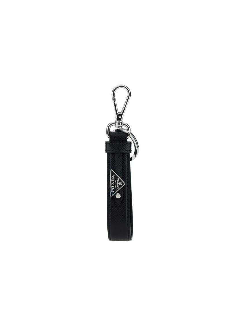 Prada Textured Leather Keyring With Triangular Metal Logo Plaque