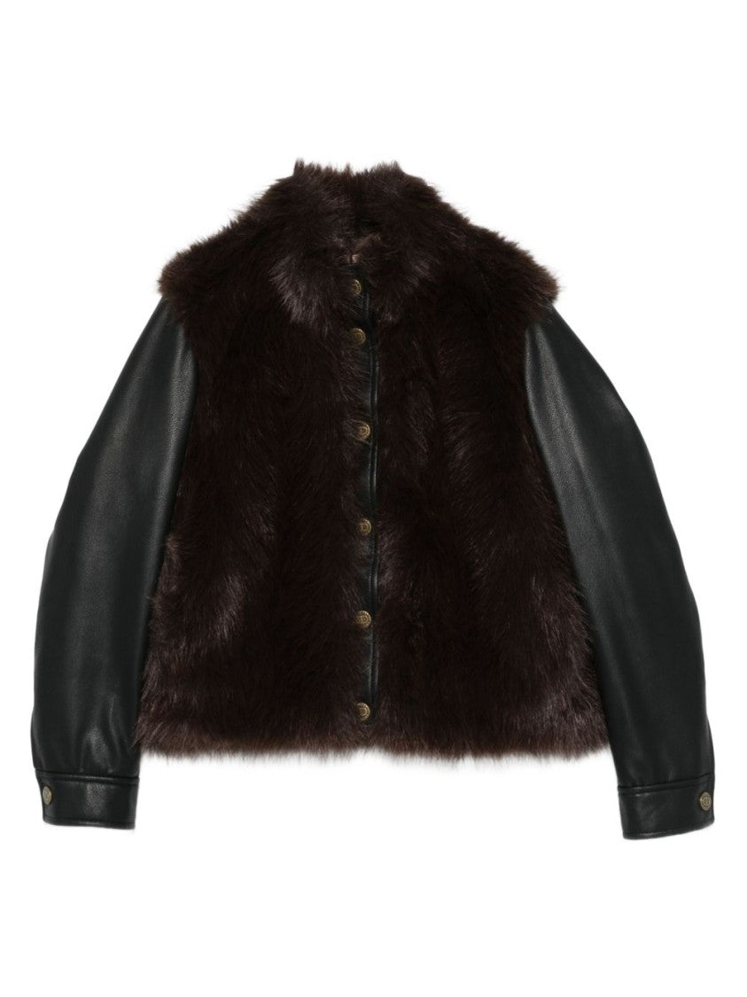 Twin-Set Black Fur And Leather Button-Up Coat