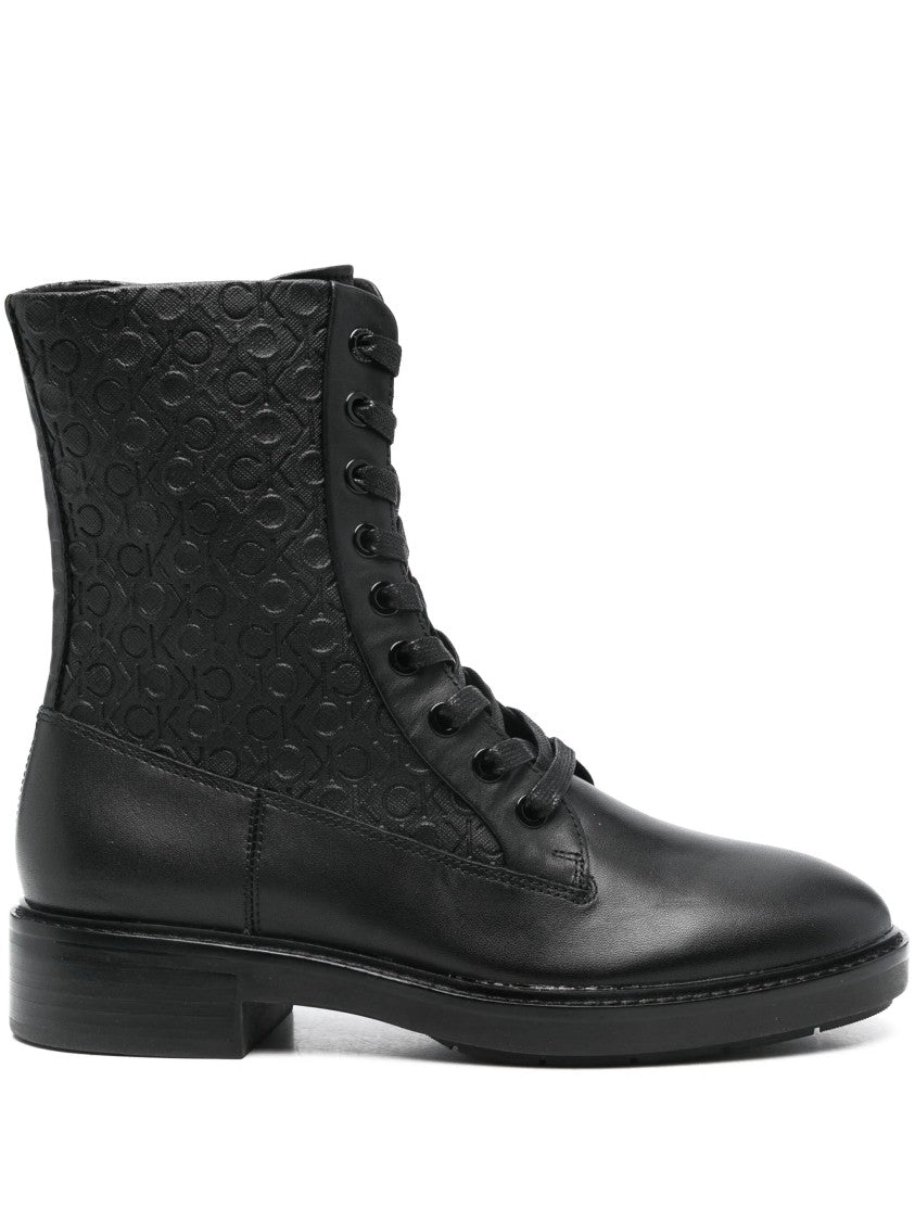 Calvin Klein Black Mono Mix Flat Combat Leather Ankle Boots