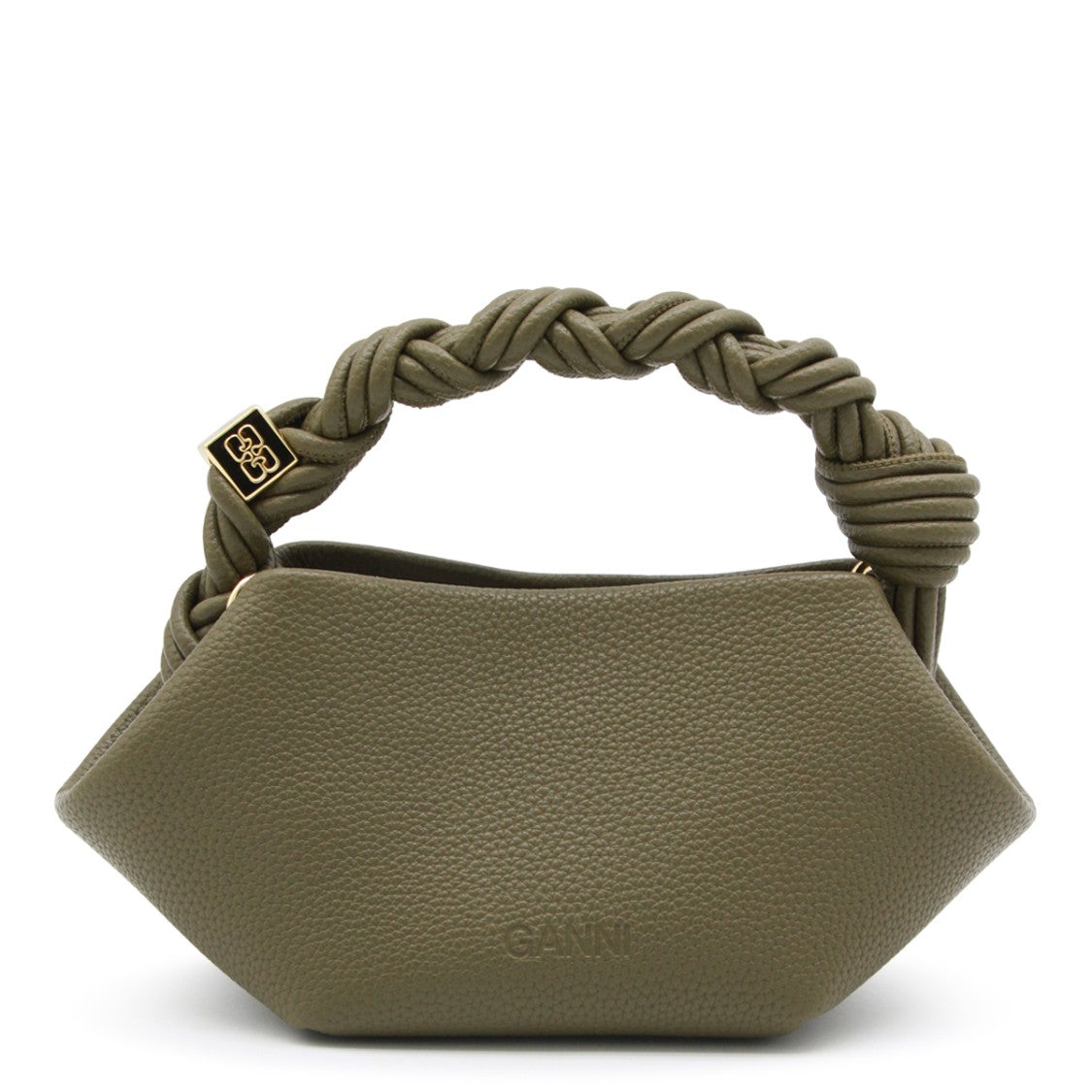 Ganni Military Green Top Handle Bag With Twisted Design And Gold Accents