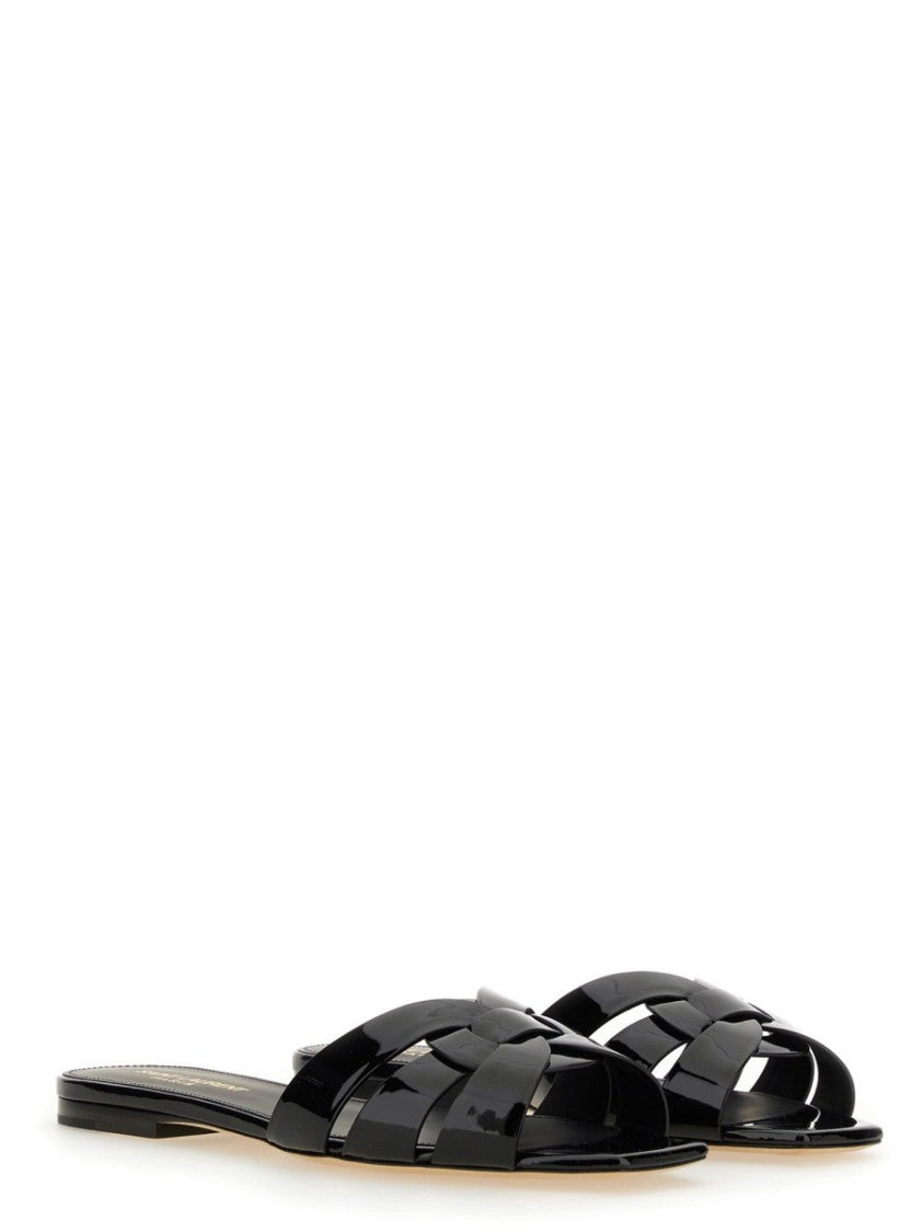 Saint Laurent Black Glossy Calfskin Flat Tribute Sandals