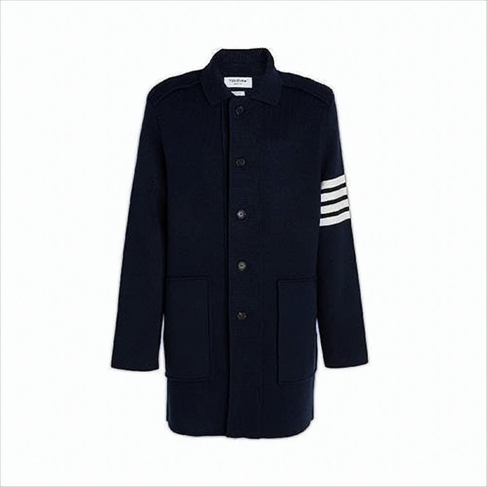 Thom Browne Tailored Blue Coat With Classic Collar And Striped Accent