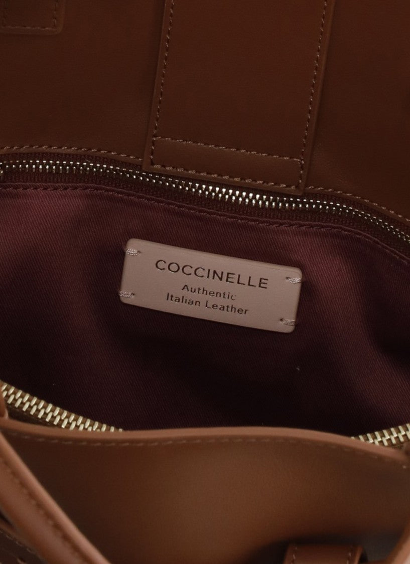Coccinelle Structured Shoulder Bag In Smooth Brown Leather With Golden Accents