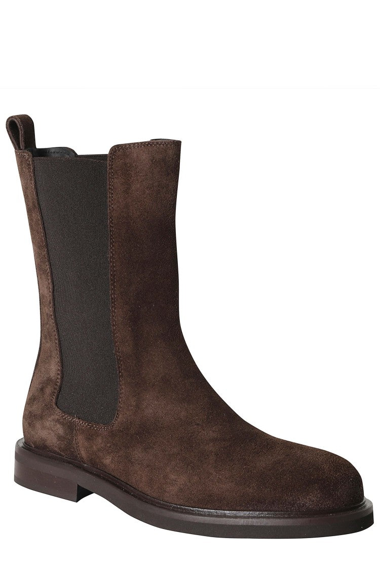 Poeve Dark Brown Suede Ankle Boots With Elastic Side Panels