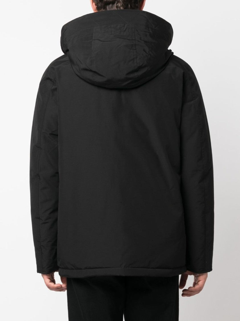 Woolrich Long Black Coat With High Collar And Flap Pockets