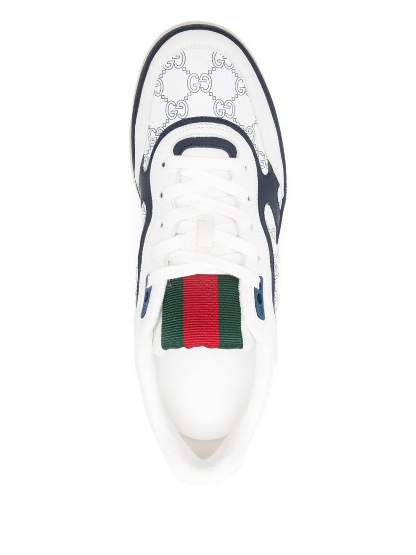 Gucci White Calfskin Flat Shoes With Navy Overlays