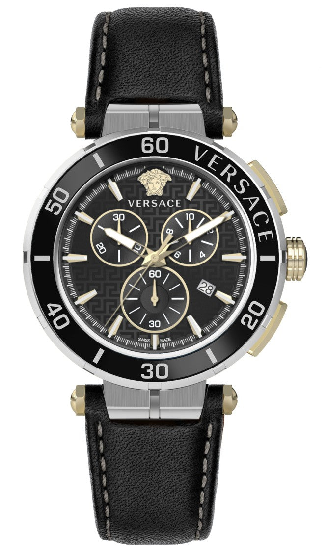 Versace Greca Chrono 45Mm Stainless Steel Watch With Black Dial And Leather Strap