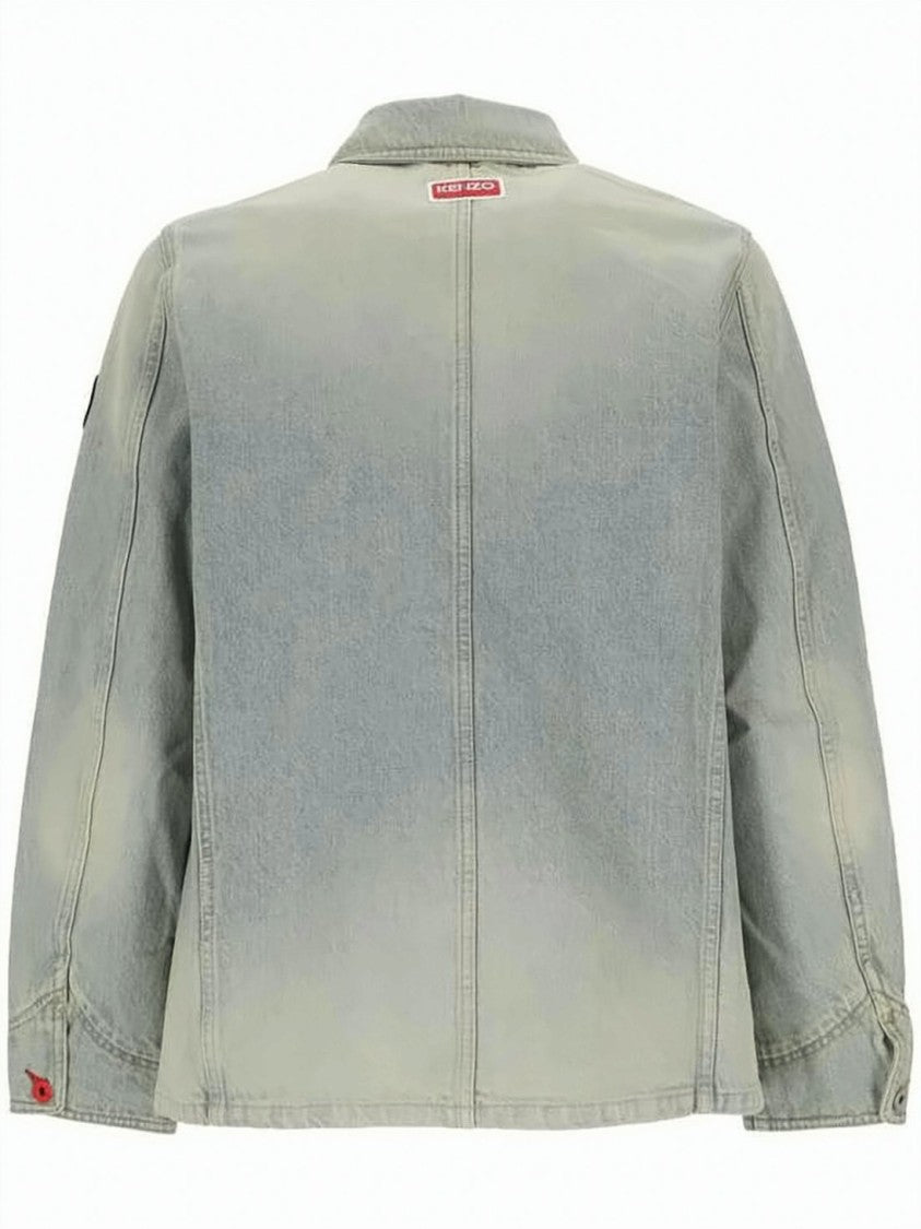 Kenzo Faded Light Blue Denim Jacket With Embroidered Patches