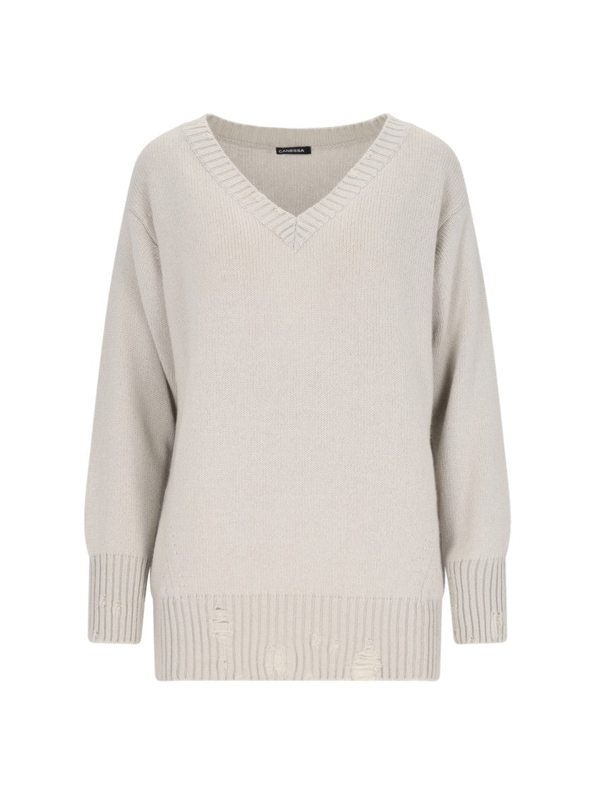 Canessa Destroyed Details Sweater In Grey Cashmere