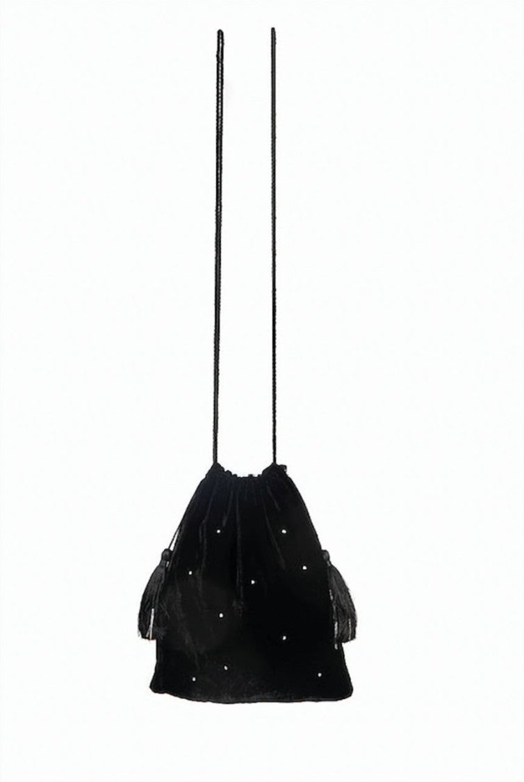 Hamoulet Black Velvet Drawstring Bag With Intricate Silver Embroidery