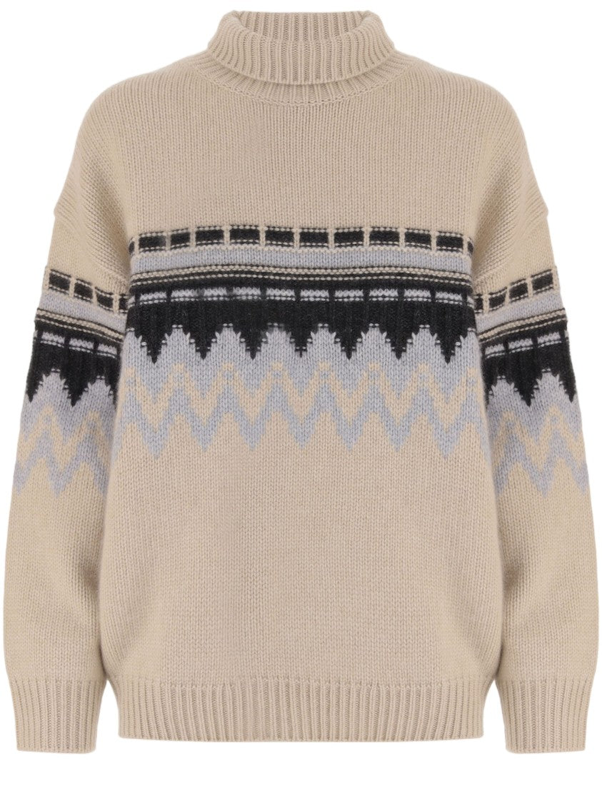 Allude Beige Geometric Pattern Cashmere Turtleneck Sweater