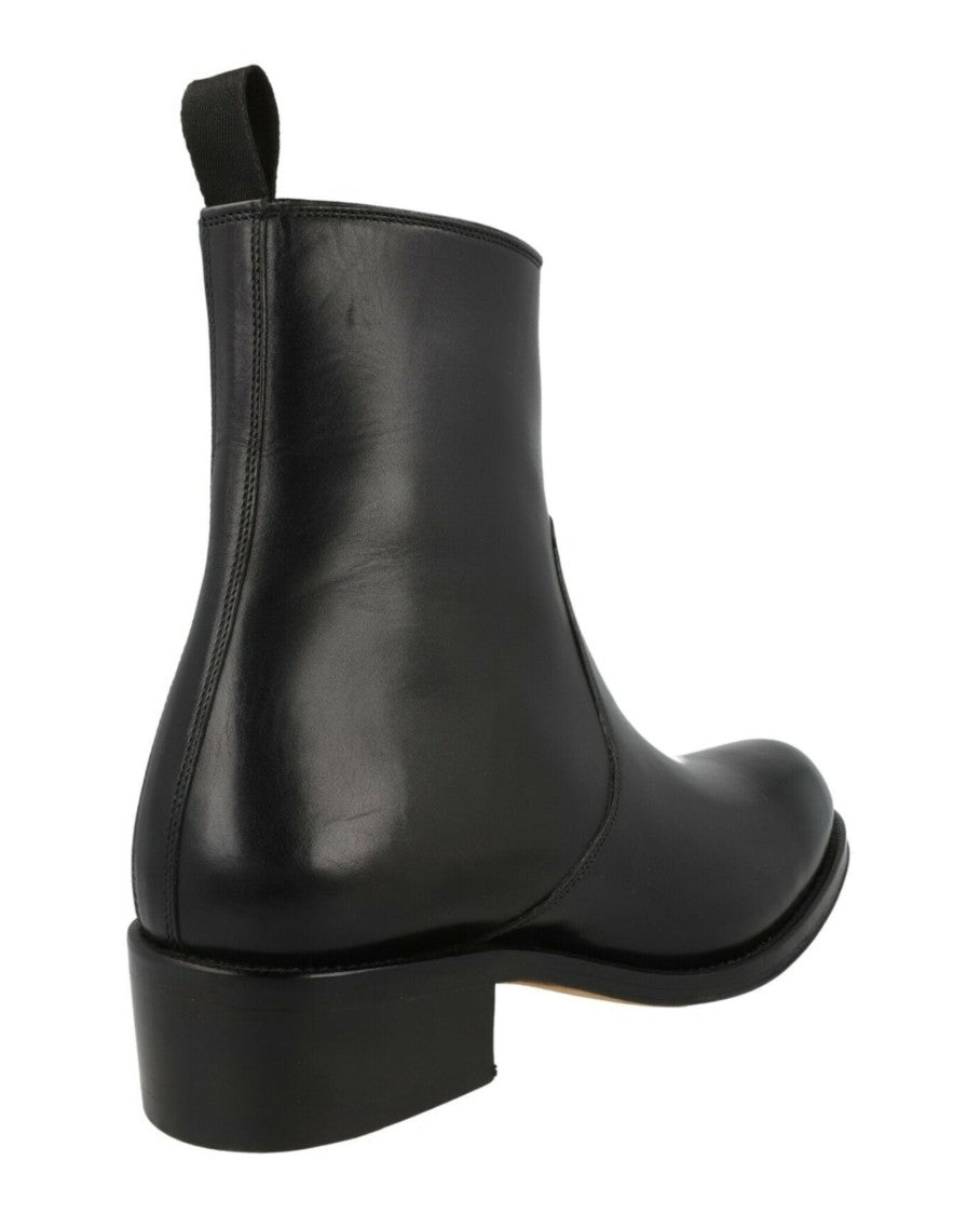 Brioni Vitello Roma Mid-Calf Leather Boots With Stacked Heel And Gunmetal Accents