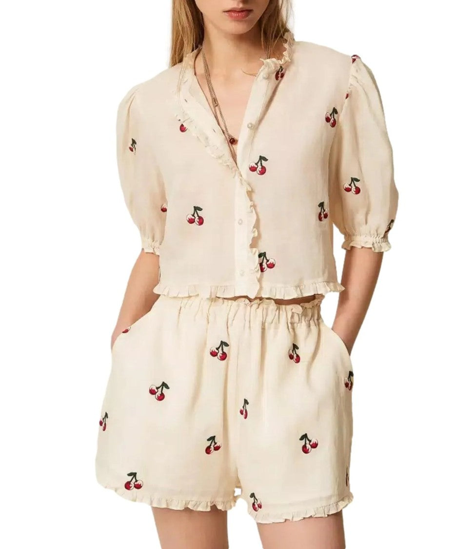 Twin-Set Cropped Blouse With Cherry Print And Ruffle Detailing