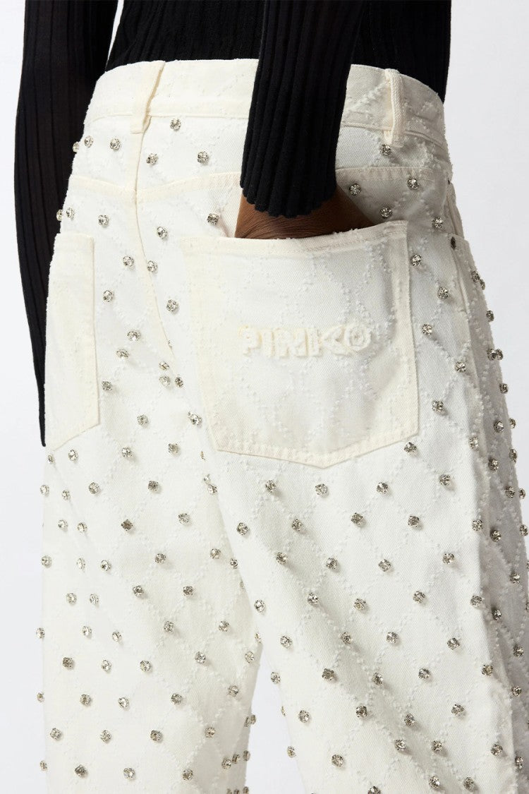 Pinko White Cotton Crystal-Stud Wide-Leg Jeans